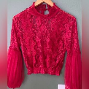 Womens Sz S red rare casual statement sleeves vintage lace crop blouse